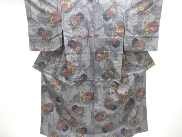 JAPANESE KIMONO / ANTIQUE KIMONO / SILK / TOKAMACHI TSUMUGI / WOVEN KIKKO WITH FLOWER